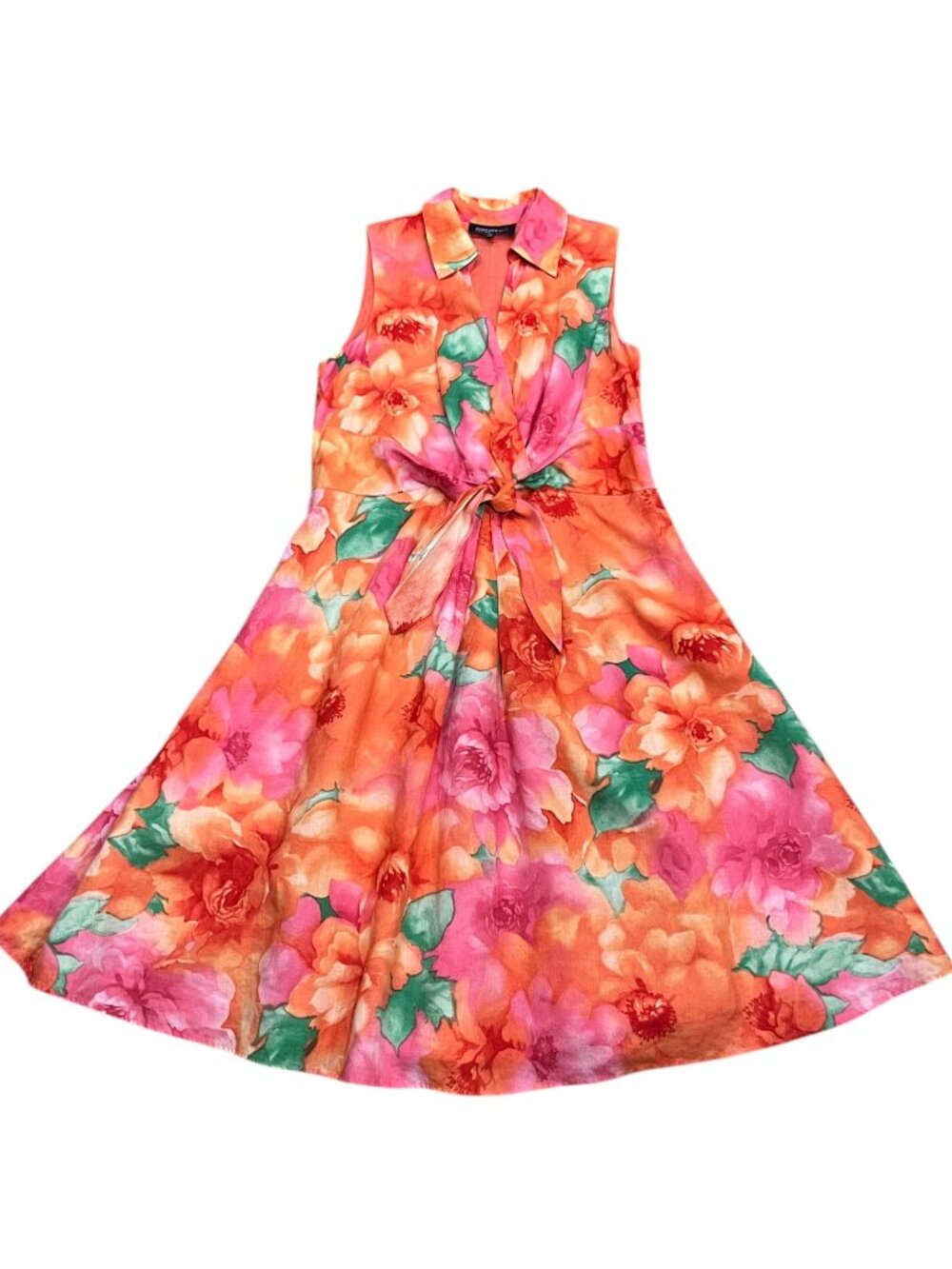 Jones New York Floral Linen Sleeveless Dress, Orange Pink, 12 - Picture 7 of 9